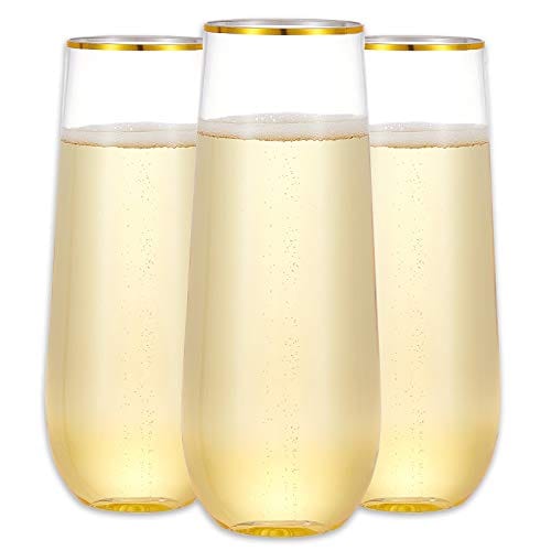 Munfix 48 Pack Stemless Plastic Champagne Flutes Disposable 9 oz Gold Rim Clear Plastic Toasting Glasses Shatterproof Recyclable and BPA-Free