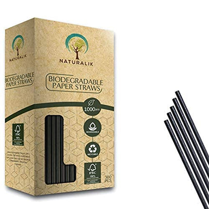 Naturalik 1000-Pack Biodegradable Black Paper Straws Extra Durable Dye-Free- Eco-Friendly Sturdy Black Paper Straws Bulk- Drinking Straws for Smoothies, Restaurants and Party Decorations