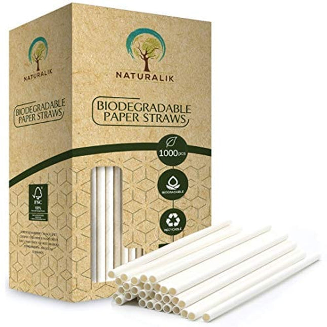 Naturalik 1000-Pack White Biodegradable Paper Straws Extra Durable Dye-Free- Premium Eco-Friendly Paper Straws Bulk - Drinking Straws for Smoothies, Restaurant drinking straws (White, 1000ct)