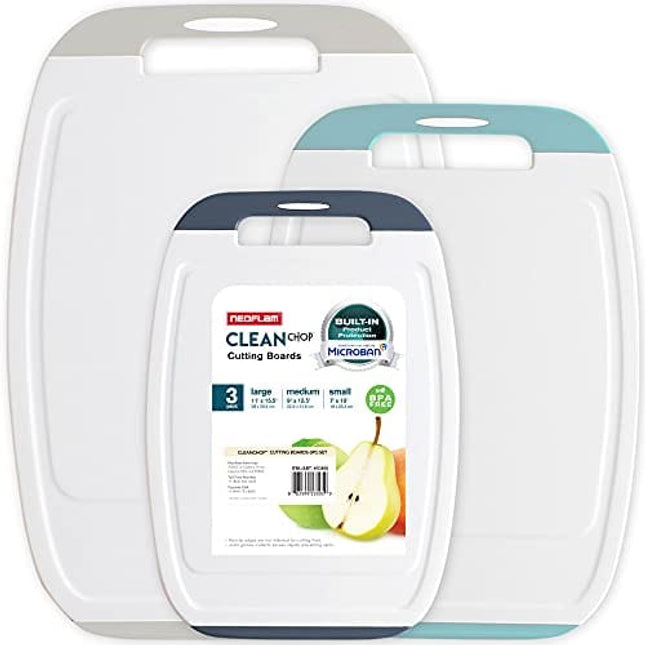 Neoflam Microban Antimicrobial Protection Cutting Board 3 Piece Set, Stain & Odor/BPA Free, Reversable Board, Upgraded Larger Juice Groove, Non-Slip EZ Grip Handle, Dishwasher Safe,G.Multicolor
