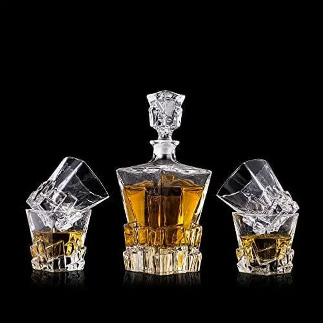 Whiskey Decanter Set for Men and Women - Whiskey Decanter, 2 Rocks Whiskey  Glasses, 8 Stainless Steel Whisky Cubes, 2 Coasters, Silicone-Tipped Tongs  & Freezer Pouch in Pinewood Box