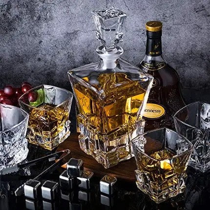 YouYah Whiskey Decanter Set with 4 Crystal Glasses,8 Stainless Steel Ice Cubes & Tong,Whiskey Gifts for Men,Rocks Glass,Lowball Bar Glass for Brandy,Cocktail,Vodka,Bourbon,Cognac (Cone + 8 Cubes)