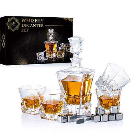 YouYah Whiskey Decanter Set with 4 Crystal Glasses,8 Stainless Steel Ice Cubes & Tong,Whiskey Gifts for Men,Rocks Glass,Lowball Bar Glass for Brandy,Cocktail,Vodka,Bourbon,Cognac (Cone + 8 Cubes)