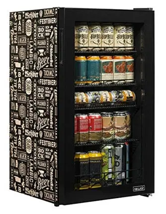 NewAir Limited Edition Beverage Refrigerator and Cooler “Beers of the World” with Glass Door, 126 Can Capacity Freestanding Mini Beer Fridge with SplitShelf™ and 7 Temperature Settings AB-1200BC1