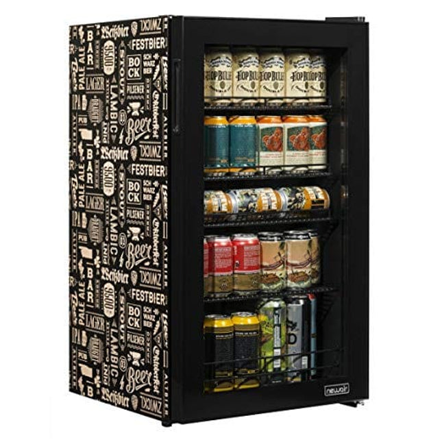 NewAir Limited Edition Beverage Refrigerator and Cooler “Beers of the World” with Glass Door, 126 Can Capacity Freestanding Mini Beer Fridge with SplitShelf™ and 7 Temperature Settings AB-1200BC1