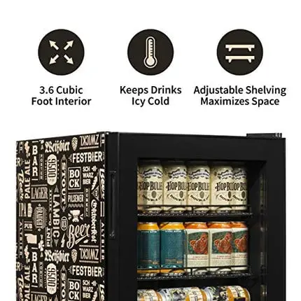NewAir Limited Edition Beverage Refrigerator and Cooler “Beers of the World” with Glass Door, 126 Can Capacity Freestanding Mini Beer Fridge with SplitShelf™ and 7 Temperature Settings AB-1200BC1