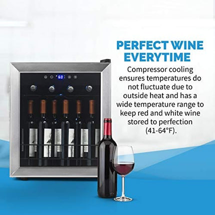 NewAir Compact Wine Cooler Refrigerator | 16 Bottle Capacity | Freestanding/Built-in Countertop Wine Cellar in Stainless Steel with UV Protected Glass Door NWC016SS00