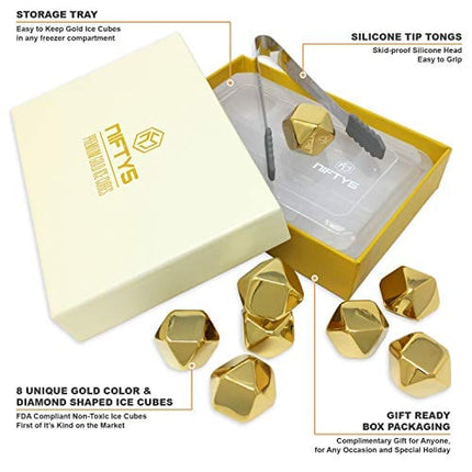 Whiskey Stones Gold Edition Gift Set of 8 Stainless Steel Diamond Shaped Metal Ice Cubes, Reusable Chilling Rocks including Silicone Tip Tongs and Storage Tray