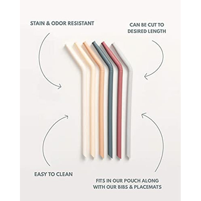 Nightingale Silicone Straw - Flexible & Reusable Drinking Straws with Cleaning Brush for Toddlers & Kids - with Bendable Tips – Soft, Food-Safe Material, No BPA - Dishwasher Safe - Set of 6 - Oak