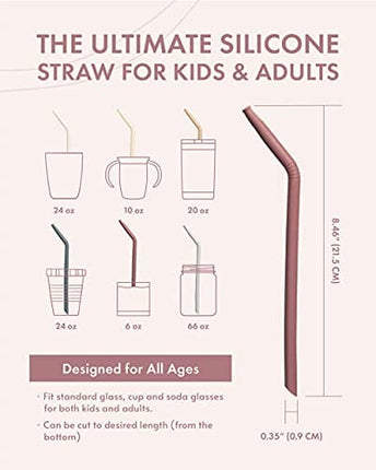 Nightingale Silicone Straw - Flexible & Reusable Drinking Straws with Cleaning Brush for Toddlers & Kids - with Bendable Tips – Soft, Food-Safe Material, No BPA - Dishwasher Safe - Set of 6 - Oak