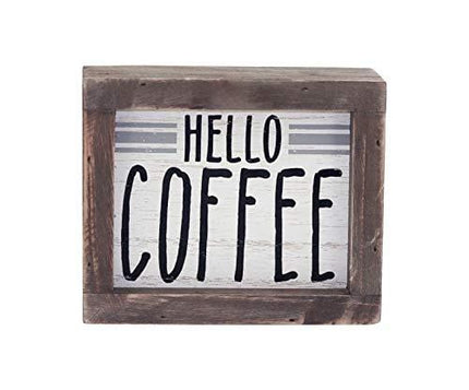 No/Brand Small Hello Coffee Wood Framed Tabletop Sign, Farmhouse Vintage Brown Wood Freestanding Coffee Sign, for Coffee Bar Office Kitchen Home Decor, 5-7/8"W x 2" D x 4-7/8"H