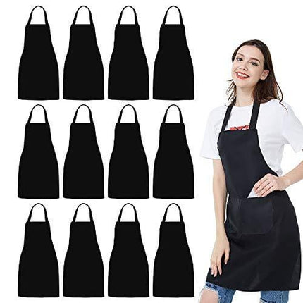 12 Pack Bib Apron - Unisex Black Apron Bulk with 2 Roomy Pockets Machine Washable for Kitchen Crafting BBQ Drawing