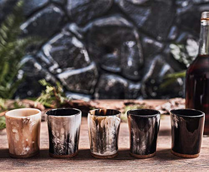 Norse Tradesman Ox-Horn Shot Glass Set (5) - 2 oz Mini-Drinking Horns for Toasting Spirits