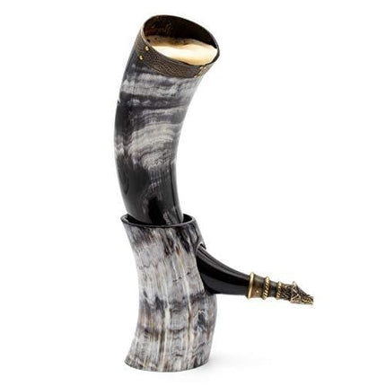 Norse Tradesman Genuine 12" Ox-Horn Viking Drinking Horn With Horn Stand & Brass Wolf Adornments | Burlap Gift Sack Included |"The Fenrir", Polished, 12-Inch