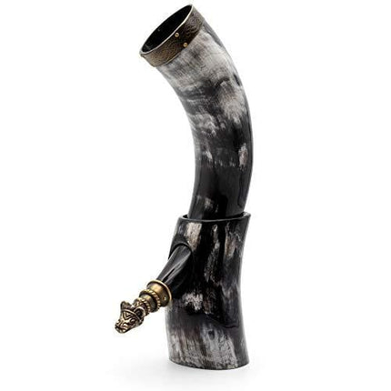 Norse Tradesman Genuine 12" Ox-Horn Viking Drinking Horn With Horn Stand & Brass Wolf Adornments | Burlap Gift Sack Included |"The Fenrir", Polished, 12-Inch