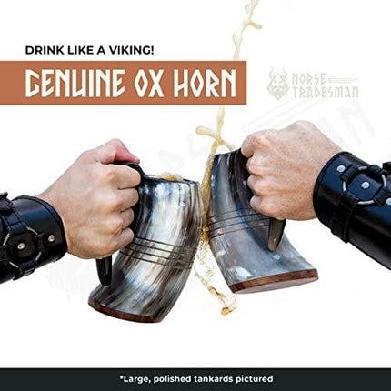 Norse Tradesman Genuine Viking Drinking Horn Mug - 100% Authentic Beer Horn Tankard w/Rosewood Bottom & Ring Engravings |"The Eternal", Unpolished, Large