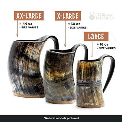 Norse Tradesman Genuine Viking Drinking Horn Mug - 100% Authentic Beer Horn Tankard w/Rosewood Bottom & Ring Engravings |"The Eternal", Unpolished, Large