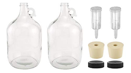North Mountain Supply - 1G-38-ST-3P-2 1 Gallon Glass Fermenting Jug with Handle, 6.5 Rubber Stopper, 3-Piece Airlock, Black Plastic Lid - Set of 2