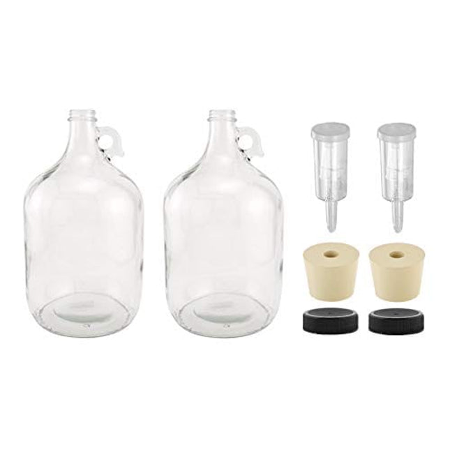 North Mountain Supply - 1G-38-ST-3P-2 1 Gallon Glass Fermenting Jug with Handle, 6.5 Rubber Stopper, 3-Piece Airlock, Black Plastic Lid - Set of 2