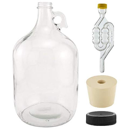 North Mountain Supply - 1G-38-ST-TB-1 1 Gallon Glass Fermenting Jug with Handle, 6.5 Rubber Stopper, Twin Bubble Airlock, Black Plastic Lid (Set of 1)