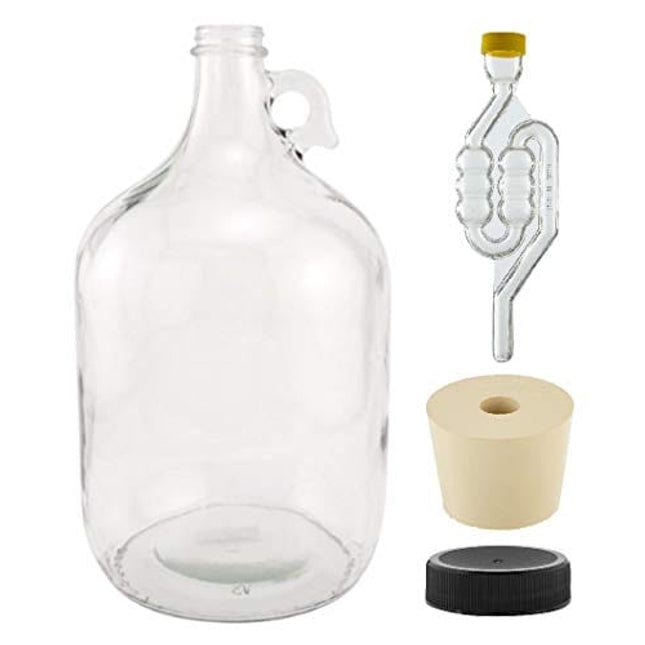 North Mountain Supply - 1G-38-ST-TB-1 1 Gallon Glass Fermenting Jug with Handle, 6.5 Rubber Stopper, Twin Bubble Airlock, Black Plastic Lid (Set of 1)