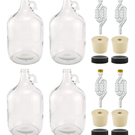 North Mountain Supply - B084KXX553 1 Gallon Glass Fermenting Jug with Handle, 6.5 Rubber Stopper, Twin Bubble Airlock, Black Plastic Lid (Set of 4)