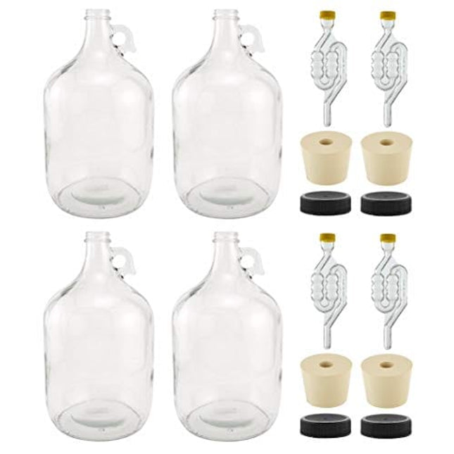 North Mountain Supply - B084KXX553 1 Gallon Glass Fermenting Jug with Handle, 6.5 Rubber Stopper, Twin Bubble Airlock, Black Plastic Lid (Set of 4)