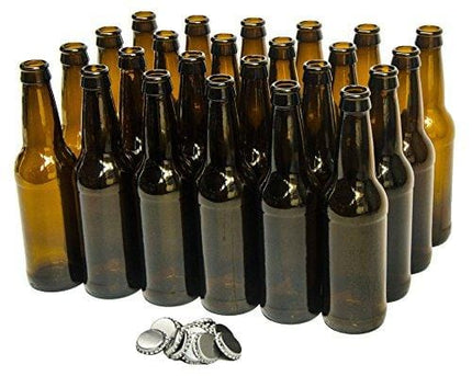 North Mountain Supply 12 Ounce Long-Neck Amber Beer Bottles - Case of 24 - Includes Crown Caps