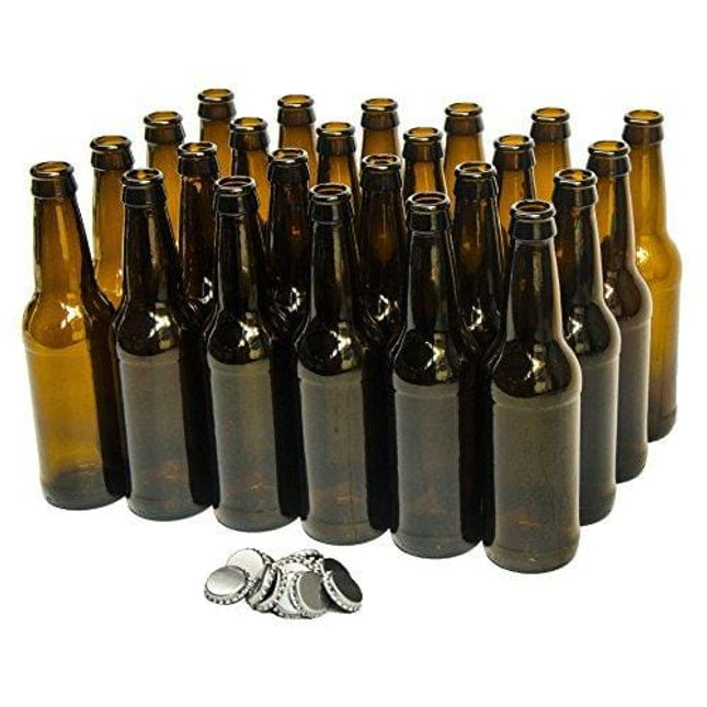 North Mountain Supply 12 Ounce Long-Neck Amber Beer Bottles - Case of 24 - Includes Crown Caps