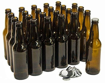 North Mountain Supply 12 Ounce Long-Neck Amber Beer Bottles - Case of 24 - Includes Crown Caps