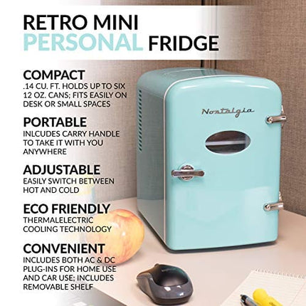 Nostalgia RF6RRAQ Retro 6-Can Personal Cooling and Heating Mini Refrigerator with Carry Handle for Home Office, Car, Boat or Dorm Room-Includes AC/DC Power Cords, Aqua