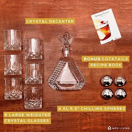 Nou Living Crystal Whiskey Decanter Set with 6 Glasses – Premium Whiskey Decanter and Glass Set – Liquor Decanter Set - Whiskey Glasses and Decanter Set for Bourbon Scotch - Whiskey Gift Set For Men