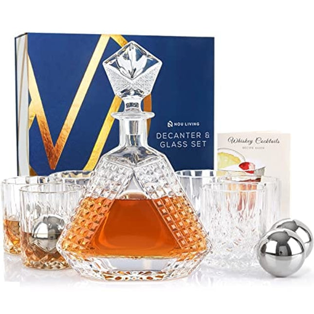 Nou Living Crystal Whiskey Decanter Set with 6 Glasses – Premium Whiskey Decanter and Glass Set – Liquor Decanter Set - Whiskey Glasses and Decanter Set for Bourbon Scotch - Whiskey Gift Set For Men
