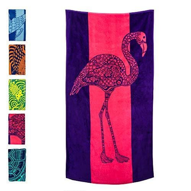 Nova Blue Flamingo Beach Towel – Pink and Purple with A Cute Design, Extra Large, XL (34”x 63”) Made from 100% Cotton for Kids & Adults