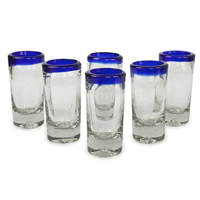 NOVICA Artisan Crafted Hand Blown Clear Blue Rim Recycled Glass Shot Glasses, 2 Oz. 'Tequila Blues' (Set Of 6)