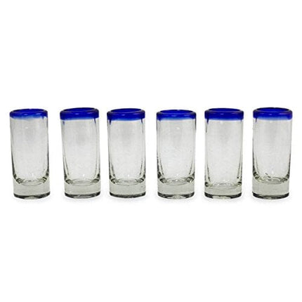 NOVICA Artisan Crafted Hand Blown Clear Blue Rim Recycled Glass Shot Glasses, 2 Oz. 'Tequila Blues' (Set Of 6)