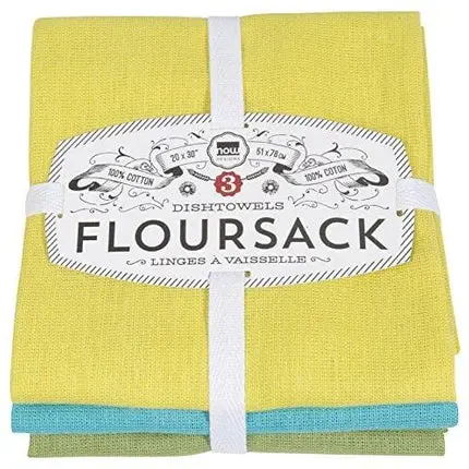 Now Designs Floursack Kitchen Towels, Set of Three, Chartreuse/Turquoise/Leaf Green