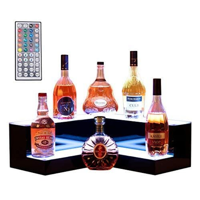 Nurxiovo 20'' 2 Step LED Liquor Bottle Display Shelf Lighted Illuminated Bottle Shelf Corner LED Display Shelf DIY Mode with LED Color Remote Control for Home Bar L19-3/5xW19-3/5xH6-3/5''