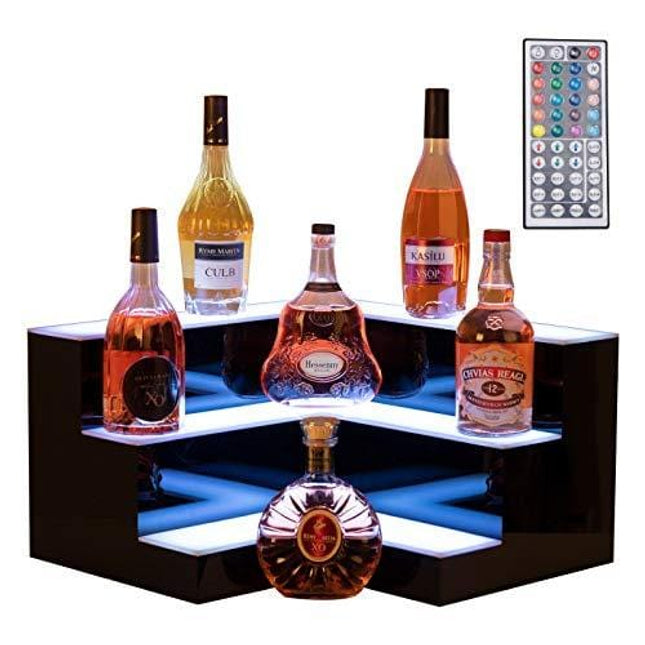 Nurxiovo LED Liquor Bottle Display 20 Inch 3 Step Corner LED Display Shelf DIY Mode Illuminated Bottle Shelf Color Changing with LED Color Remote Control for Home Party Bar L20xW20xH12''