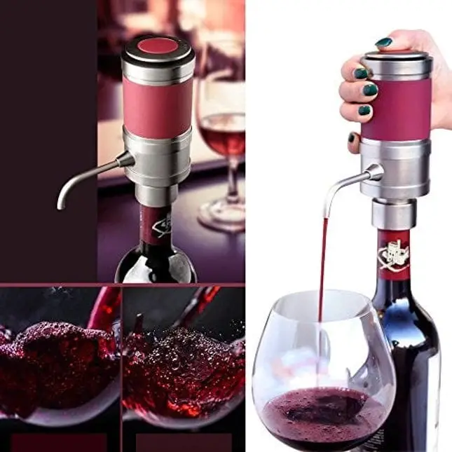 Electric Wine Aerator Dispenser Pump - Portable and Automatic Bottle Breather Tap Machine - Air Decanter Diffuser System for Red and White Wine w/ Unique Metal Pourer Spout - NutriChef PSLWPMP50