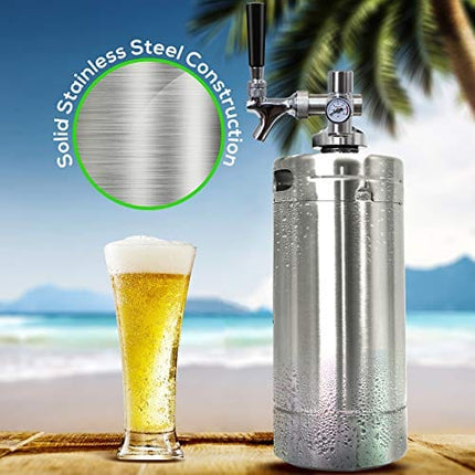 NutriChef Pressurized Growler Tap System - Stainless Steel Mini Keg Dispenser Portable Kegerator Kit - Co2 Pressure Regulator Keeps Carbonation for Craft Beer, Draft and Homebrew - PKBRTP100.5 (128oz)