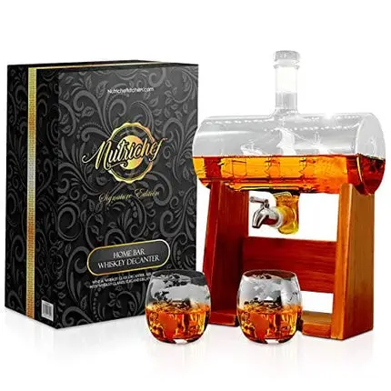 Glass Whiskey Decanter with Glasses -1100ml Barrel Whiskey Carafe Alcohol Decanter Set, Lead Free Decanter w/ Spigot, Stopper & Base, For Brandy Wine Cognac Rum Gin Scotch Bourbon - NutriChef