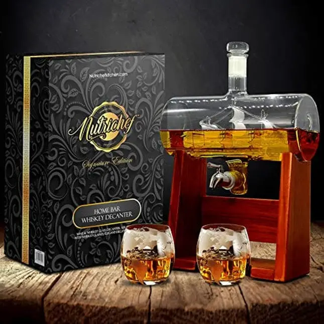 Glass Whiskey Decanter with Glasses -1100ml Barrel Whiskey Carafe Alcohol Decanter Set, Lead Free Decanter w/ Spigot, Stopper & Base, For Brandy Wine Cognac Rum Gin Scotch Bourbon - NutriChef