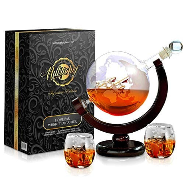 NutriChef Glass Whiskey Decanter - 850ml Globe Whiskey Carafe Alcohol Decanter Set with Glasses , Liquor Lead Free Decanter w/ Stopper & Base, For Brandy Wine Cognac Rum Gin Scotch Bourbon
