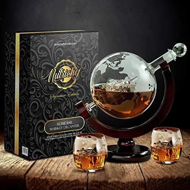 NutriChef Glass Whiskey Decanter - 850ml Globe Whiskey Carafe Alcohol Decanter Set with Glasses , Liquor Lead Free Decanter w/ Stopper & Base, For Brandy Wine Cognac Rum Gin Scotch Bourbon