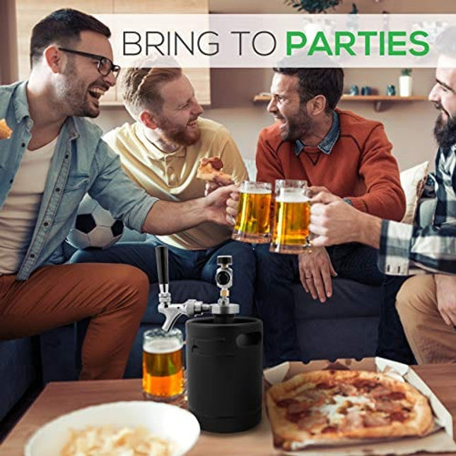 NutriChef Mini Keg Detachable Aluminum Regulator & Tap Spear Easy Storage Black Matte Powder Coated Pressurized Growler Homebrew Beer Dispenser PKBRTP60, 64 Oz