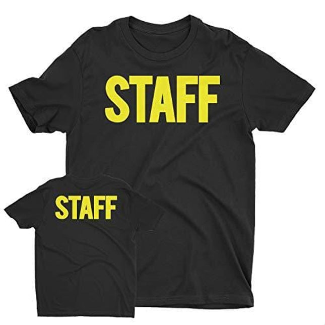NYC FACTORY Men's Staff T-Shirt Front Back Print Tee Event Uniform Screen Printed Tshirt (Black-Neon, XL)