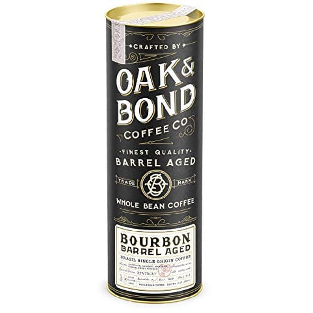 Kentucky Bourbon Whiskey Barrel Aged Coffee, Brazil Single Origin Whole Coffee Bean, Medium Roast w/ Flavor Notes of Chocolate, Caramel, Mandarin Orange, Sweet Bourbon by Oak & Bond Coffee Co. – 10oz.