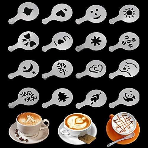 Lofekea Stainless Steel Powder Shakers Coffee Cocoa Cinnamon Shaker Cans  Mesh Duster with 16PCS Stainless Steel Barista Coffee Decorating Stencils