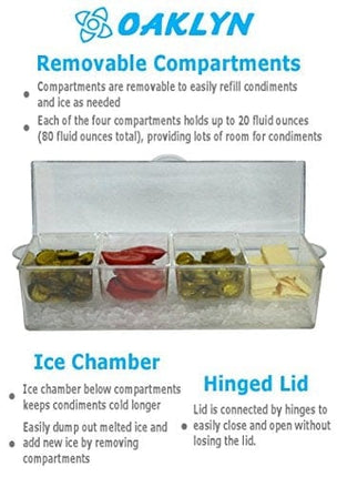Large Clear Condiment Server Organizer on Ice with Containers and Lid – Serving Bar Compartments Hold 20 oz Portion and Plastic Box Tray are BPA Free – Chilled Caddy Dispenser Set Holds 10 Cups